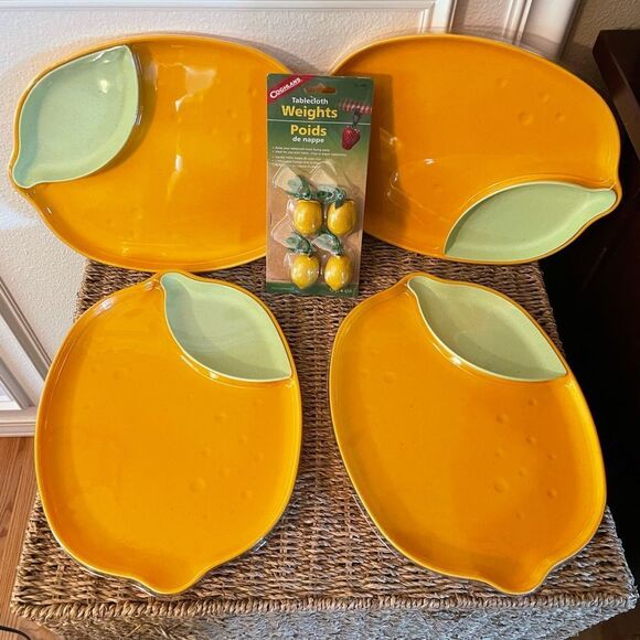 Bamboo Melamine Lemon Plate Green Leaf Side Dish & Lemon Weighted Tablecloth set - Picture 13 of 13